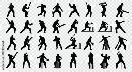 Cricket Player Action Poses Silhouette Collection Illustration