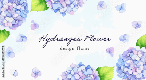 紫陽花の水彩フレーム背景｜ブルーとパープルのあじさいを配置した初夏・梅雨のボタニカルデザイン素材