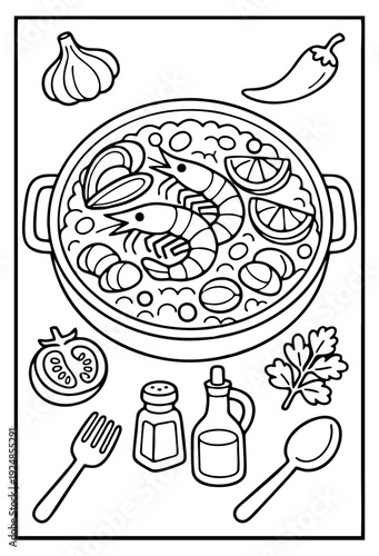 Delicious seafood paella cooking illustration featuring prawns, mussels, and fresh ingredients for coloring