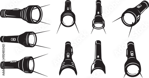 Collection of flashlights in various positions and angles shown