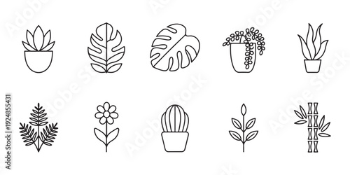 Minimalist Potted Houseplant Outline Icons Set - Botanical Decor Collection