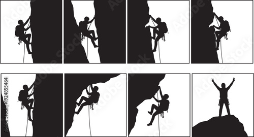 Rock climbing sequence silhouette ascent and summit celebration, mountaineering adventure vector illustration isolated on white background