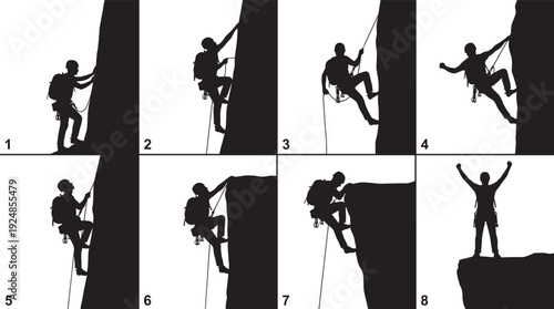 Rock climber silhouette sequence on cliff face, step by step mountaineering progress vector illustration isolated background