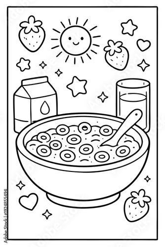 A vector graphic illustration of a delicious breakfast cereal bowl with milk and a spoon.