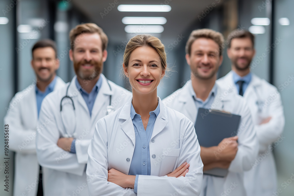 Fototapeta premium Smiling female doctor in a white coat stands arms crossed in a hospital corridor, with a team of doctors blurred behind her; confident healthcare leadership concept.