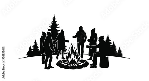 Silhouettes of friends gathered around a warm campfire in a snowy forest at night