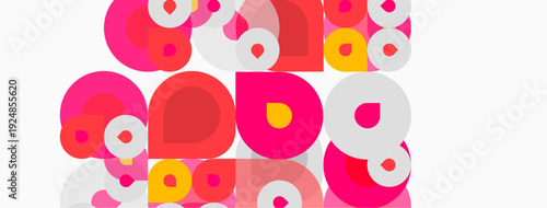 Abstract pattern features overlapping circles. Pink, red, yellow hues dominate design. Simple shapes create playful composition.