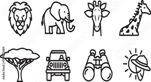 A collection of african wildlife and safari icons on a white background Vector