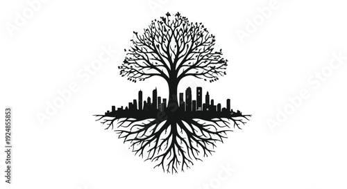Tree of life with roots growing through a city skyline, symbolizing growth and connection
