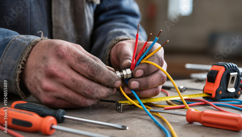 Tableau sur toile electrician working with electric wires, Wires are connected, Expert works caref