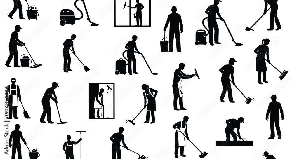 Naklejka premium Cleaning Staff Working Poses Silhouette Collection Illustration