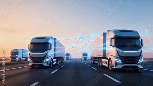 Futuristic autonomous electric trucks connected via digital network on highway at sunset, illustrating smart logistics and connected transportation technology