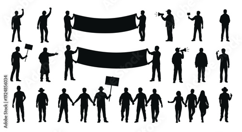People Holding Protest Banner Silhouette Collection Illustration