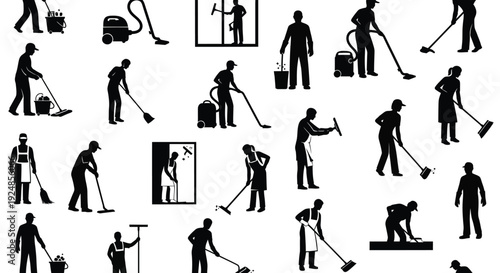 Cleaning Staff Working Poses Silhouette Collection Illustration