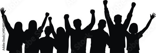 Cheering crowd silhouette group isolated on white background, vector illustration of people raising hands in celebration, victory, protest, and teamwork concept