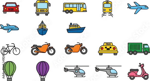A collection of various transportation vehicles including cars, buses, trains, airplanes, boats, bicycles, motorcycles, taxis, trucks, hot air balloons, helicopters, and scooters.