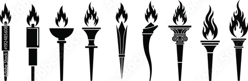 Torch Flame Silhouette Collection with Ancient and Modern Fire Torches Vector Illustration Isolated on White Background for Ceremony, Festival and Graphic Design Use