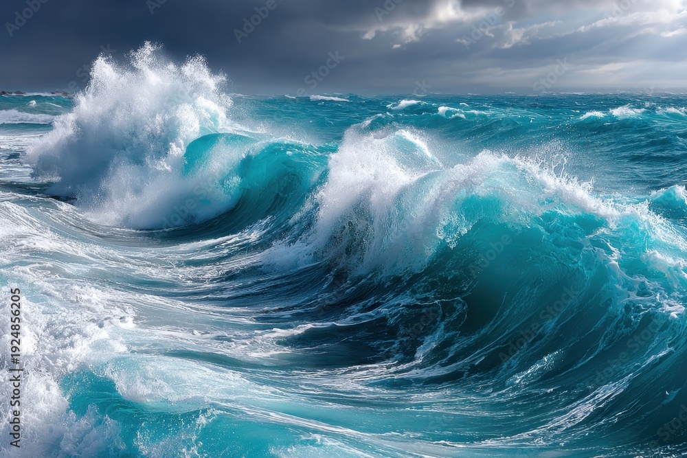 Obraz premium Crashing Ocean Waves Under a Stormy Sky