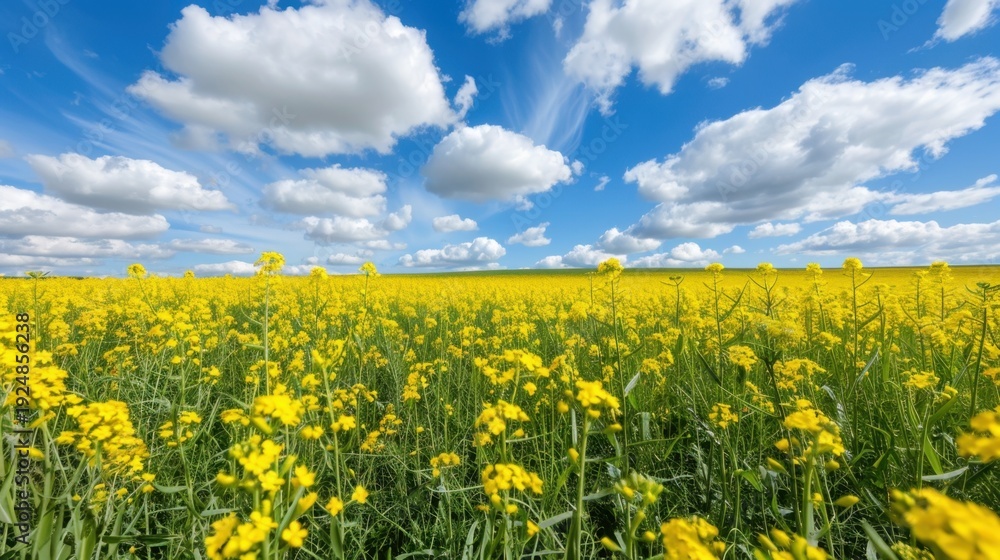 Obraz premium Vibrant Yellow Flower Field under Blue Sky with Fluffy Clouds and Bright Sunlight in Scenic Landscape