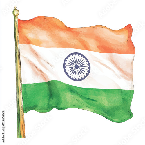 Watercolor Indian Flag with Ashoka Chakra on a Golden Pole