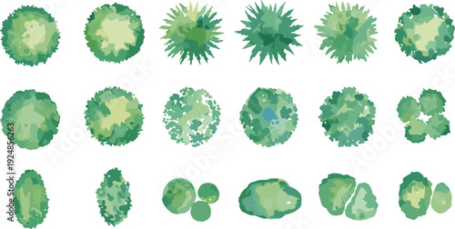 Top view green tree canopy set, detailed forest foliage collection for landscape design vector illustration