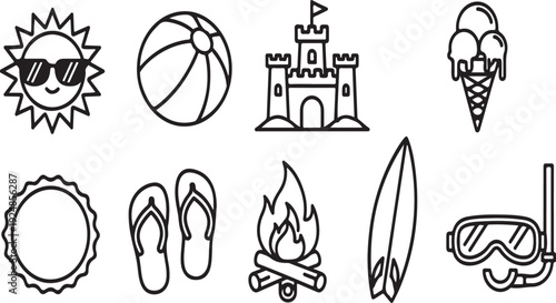 A collection of diverse icons representing various summer activities and objects Vector