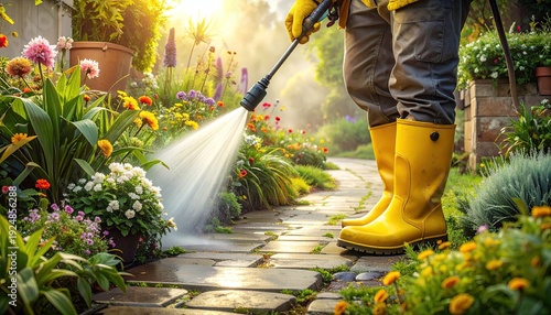 Person with yellow boots power washing a stone path