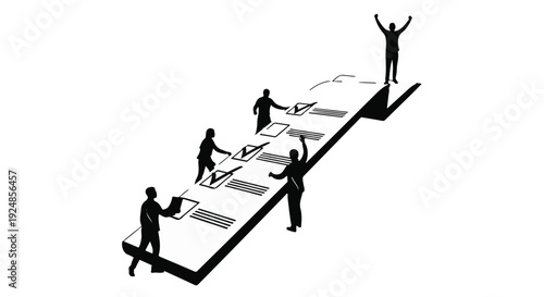 Team celebrates reaching goals by completing tasks on a checklist, achieving success.