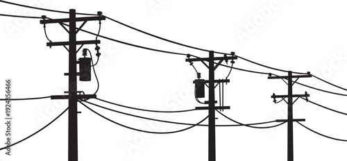 Utility pole and power lines silhouette, electrical distribution infrastructure with transformers isolated on white background