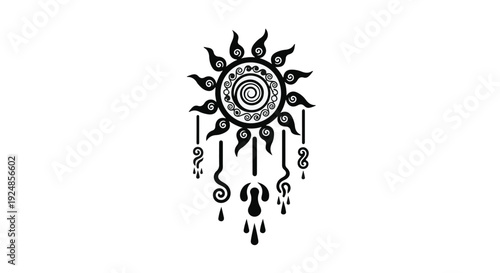Ornate tribal sun symbol with dangling accents, evoking ancient spirituality and natural power.