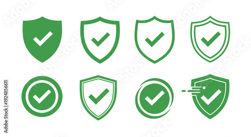 Collection of shield icons with check marks for branding and security illustrations.