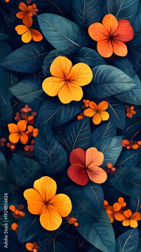 Lush floral arrangement with vibrant leaves and flowers against a dark backdrop. Bold colors and textures create a modern botanical illustration. Abstract Boho Style.