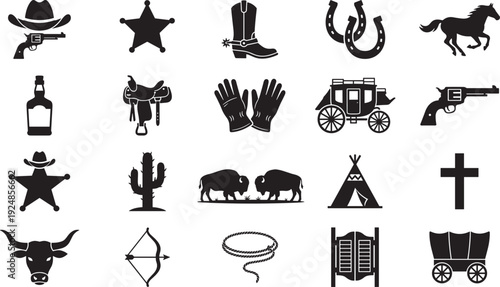 Wild west cowboy silhouette icons collection with hat, revolver, horse, sheriff badge and rustic western symbols