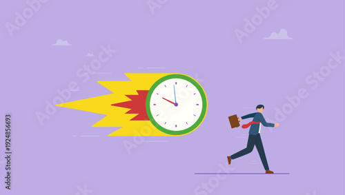 Busy business concept, businessman in a hurry to work on time. Employee is running in a hurry and competing with the clock, Time management and work efficiency.