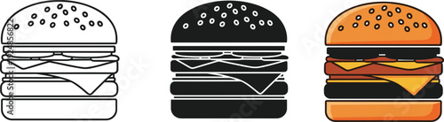 Burger icon outline silhouette and color illustration set isolated on white background fast food cheeseburger flat vector design collection