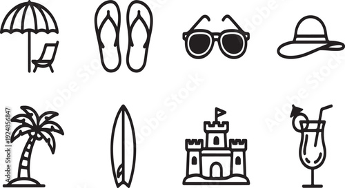 Assorted vacation and beach-related icons including a cocktail and a castle Vector