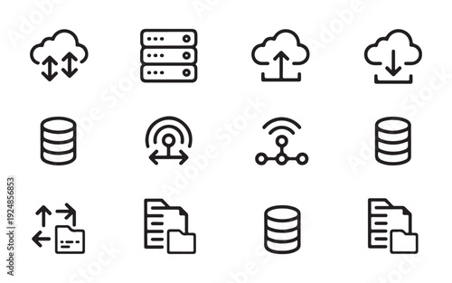 Cloud Computing and Data Management Outline Icons Set - Server Storage and Network