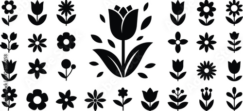 Assortment of simple black flower and tulip icons on a white background Keywords: flower, icon, silhouette, tulip, floral, bloom