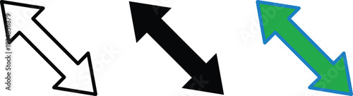 Double sided diagonal arrow icon set with black outline solid and green color styles for resize transfer exchange and direction vector design.