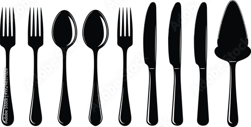 Cutlery silhouettes set with forks spoons knives and server illustration representing tableware kitchen utensils dining restaurant equipment isolated vector icons