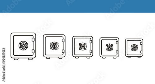 Series of five small security safes icons with combination locks in a row.