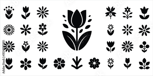 Assortment of simple black flower icons and silhouettes on a white background Keywords: flower, icon, silhouette, floral, bloom