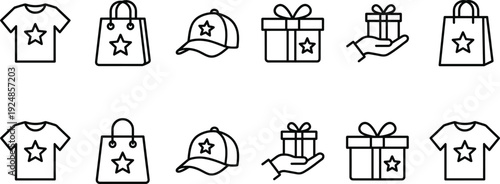 Shopping and promotional gift icon set with t-shirt shopping bag cap box and star symbols in outline style for retail and marketing design.