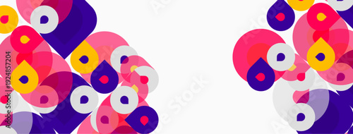 Abstract colorful circles overlap, creating dynamic composition. Pink, purple, yellow hues dominate white background. Modern design element.