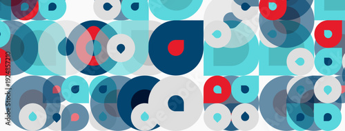 Abstract pattern features overlapping circles. Colors include red, blue, turquoise, gray. Design appears modern, geometric.