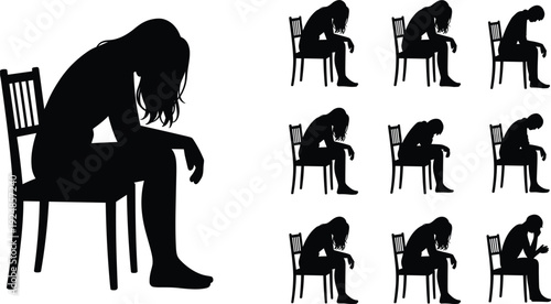 Black Silhouettes Of A Woman Sitting On A Chair In Sad Pensive Poses On White Background female