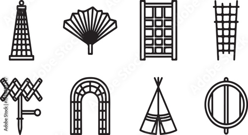 A collection of diverse symbols and icons representing various concepts and structures Vector