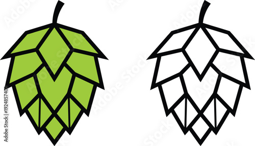 Hops flower icon set with green and outline geometric designs for craft beer brewery logo organic agriculture farming and natural herbal ingredient.