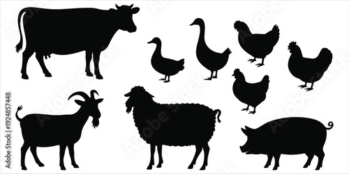 Black Silhouettes Of Farm Animals Including Cow Goat Sheep Pig And Chickens vector illustration