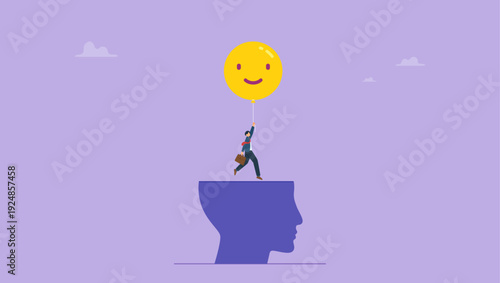 Businessman flying out of stressed head by using smiley face balloon. Stress management, relaxation to relieve anxiety or anger from your brain concept, changing mindset to be more positive.